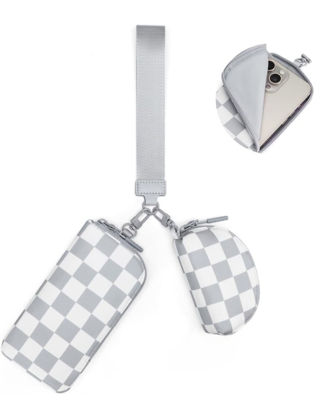 Checkered Dual Pouch Wristlet Wallet for Women - Small Travel Zip Wallet & Coin